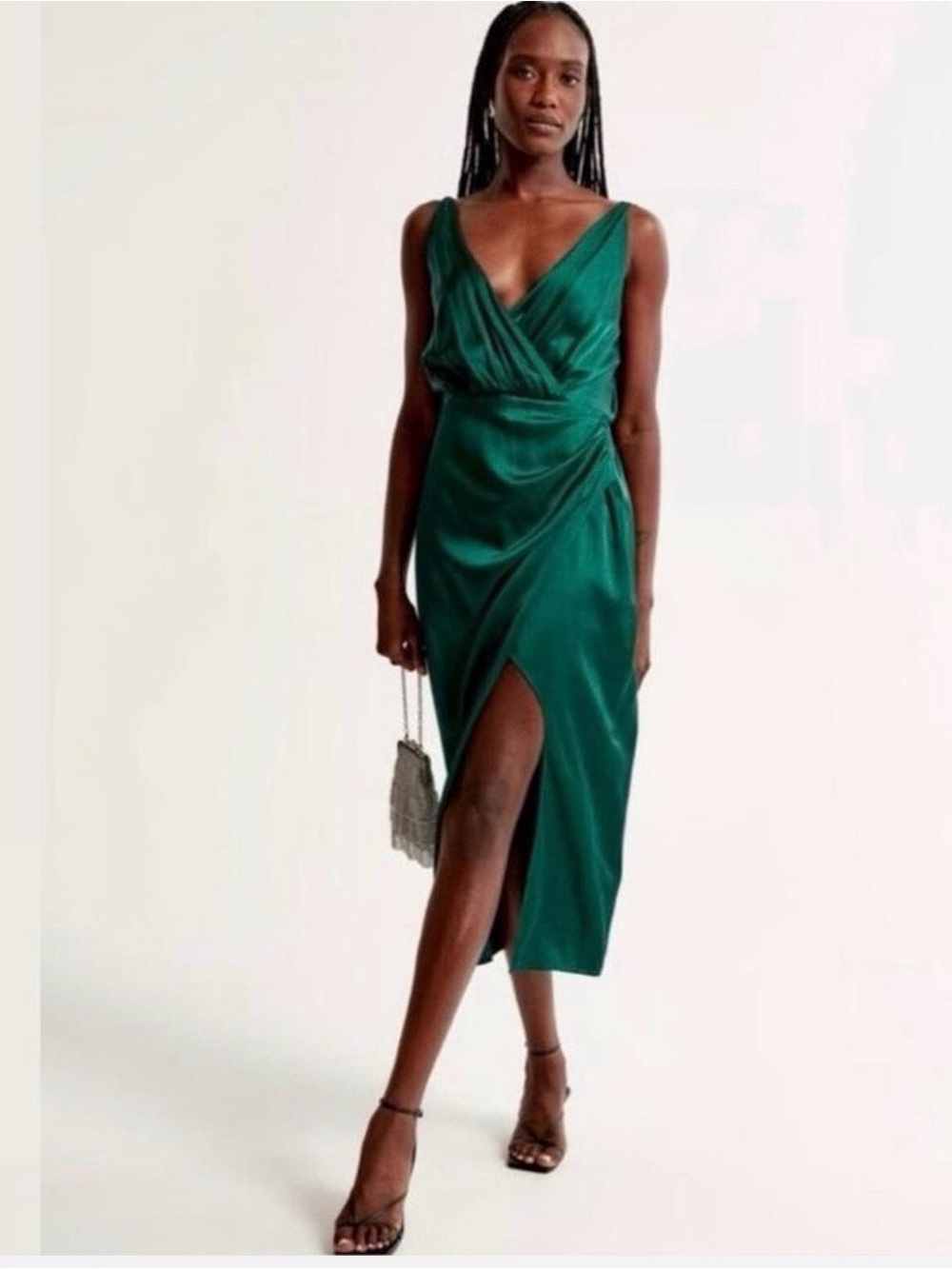 Abercrombie & Fitch Emerald Green Satin Wrap-Style Midi Dress